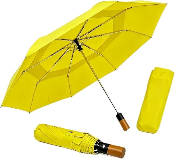 Strongest Windproof Golf Umbrella with Solid Wooden Handle - Extra Large Double Canopy Auto Folding Umbrella, Heavy Duty Portable Sun Rain Umbrella for Men Women, Fits Push Cart Car Backpack