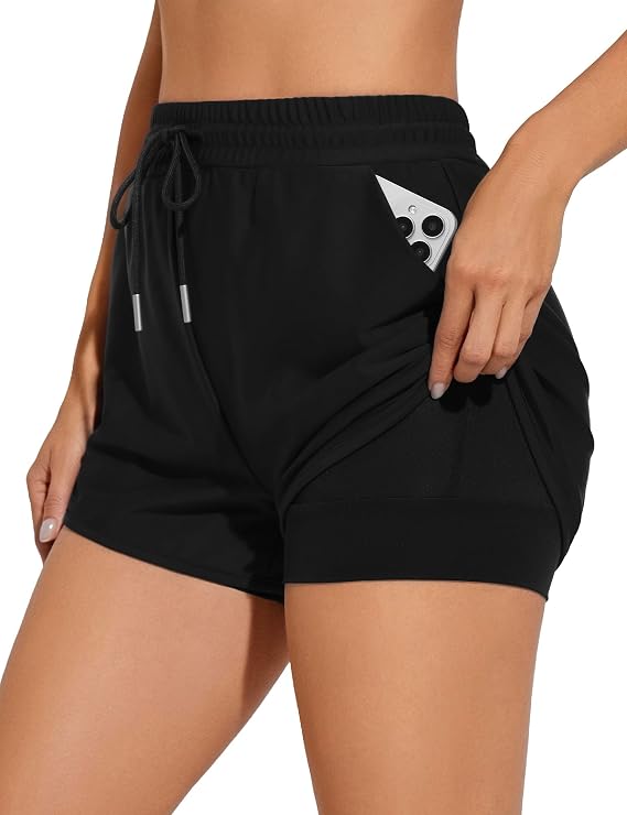Bonneuitbebe Women's 3" High Waisted Swim Shorts Drawstring Bathing Suit Bottoms UPF 50+ Board Shorts with Boxer Liner