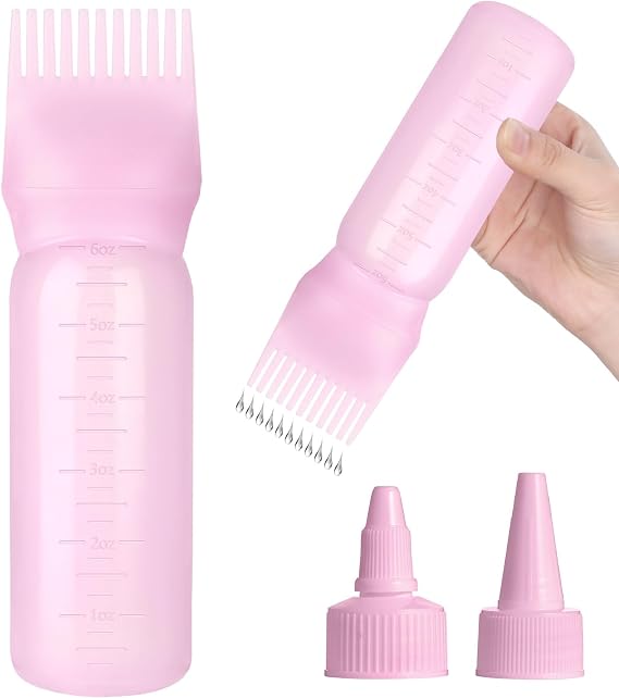 Root Comb Applicator Bottle Hair Oil Applicator for Dye and Scalp, Pink | 6 Ounce, Reusable, 2 Types Caps and Graduated Scale, Home Salon Use