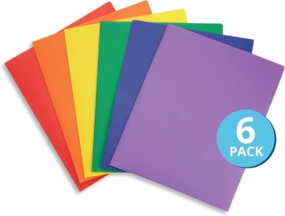 Blue Summit Supplies 6 Plastic 2 Pocket Folders, Assorted Colors | Durable 0.35mm poly, 2 pockets, letter size, for school, office, and document organization