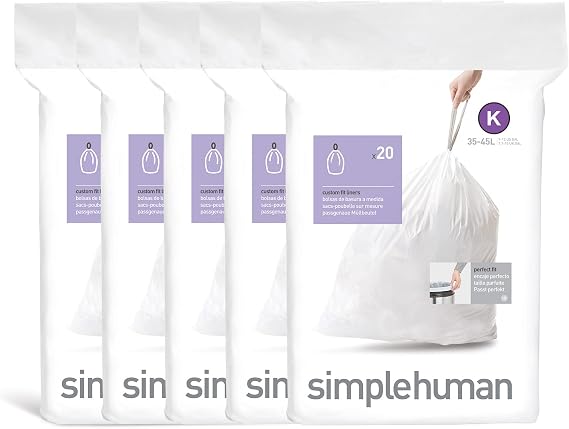 simplehuman Code K 100 Liners, 50% Recycled Custom Fit Bin Bags in Dispenser Packs with Durable Drawstring Tie Handle, 35-45L, White