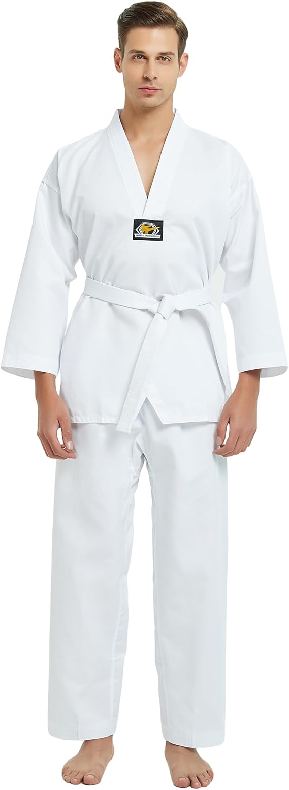 TOPTIE V-Neck Taekwondo Uniform for Kids Adults, TKD Dobok Martial Art | Durable 7.5 oz polyester cotton, V-neck jacket, elastic waist pants, white belt included, sizes 0000-6 for kids & adults