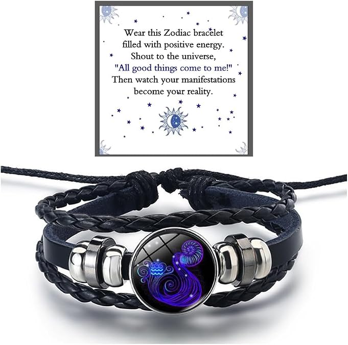 Zodiac Signs Spirit Bracelet For Women Men, 12 Constellation Leather Multilayer Handmade Woven Adjustable Bracelets Unisex Glow in the Dark Zodiac Jewelry Birthday Gifts