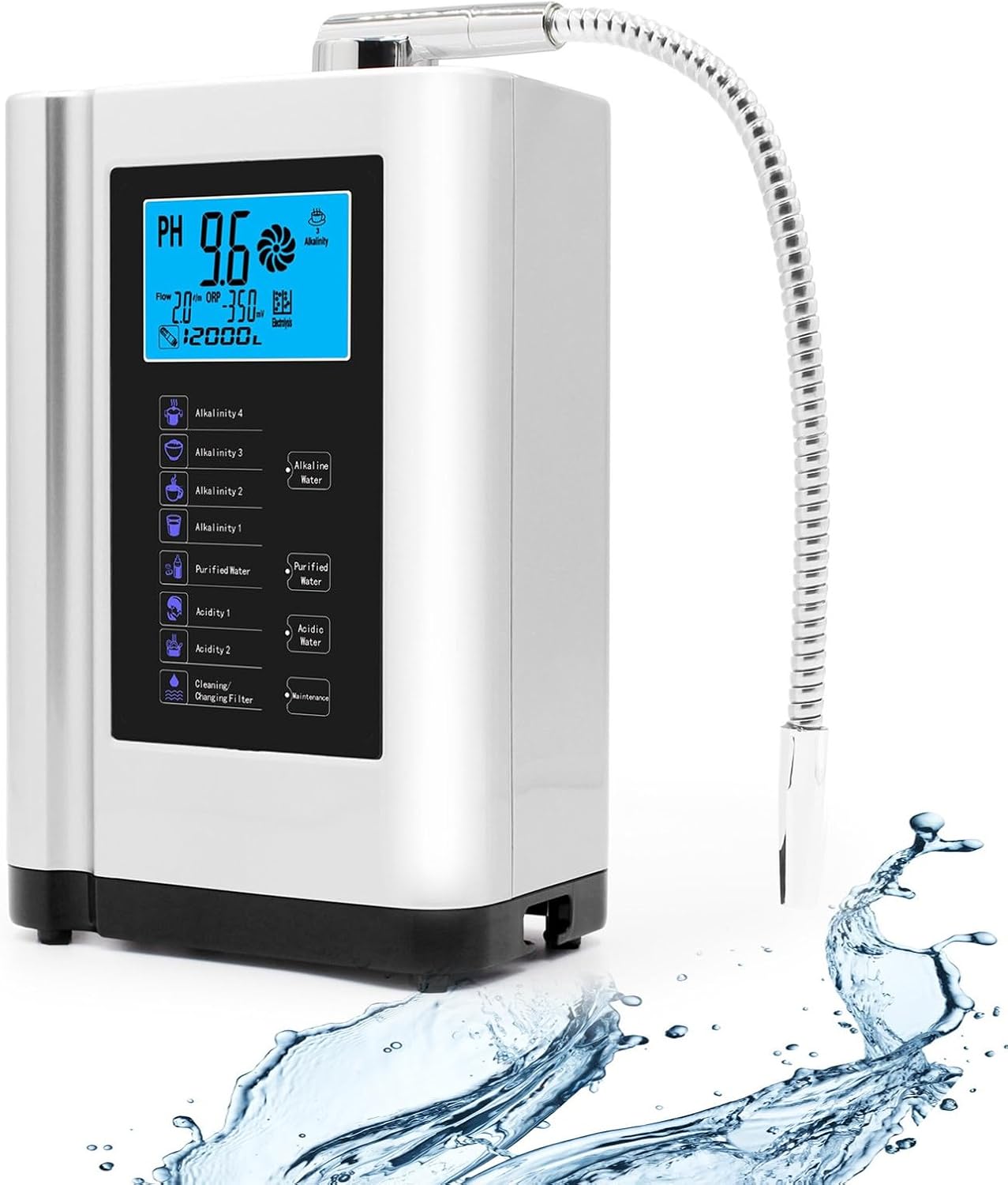 Alkaline Water Ionizer, Multifunctional electrolytic water machine,Water Ionizer Filter PH 3.5-10.5, up to -500mV ORP, 6000L per Filter, 7 Water Settings, Automatic Intelligent Voice,White