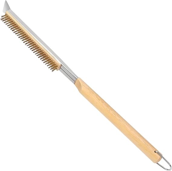 21'' Pizza Brush with Stainless Steel Stone Scraper - Brass Bristles - Wood Handle - Hanging Ring - Outdoor Pizza Oven Accessory - Compatible with Ooni, Gozney, Blackstone, Solo Stove Ovens