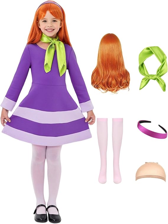 Kids Girls Daphne Costume Cosplay Halloween Costumes Long Sleeve Purple Dress with Scarf Wig Accessories