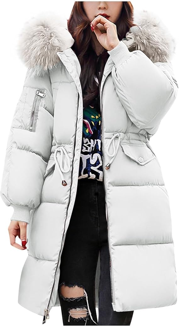 Womens Winter Long Puffer Coat Thicken Warm Down Jacket Snow Parka Outerwear with Faux Fur Removable Hood