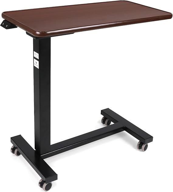 Vaunn Medical Electric Overbed Table Bedside Height Adjustable Table with Wheels (Electric-Powered, Hospital and Home Use) - Brown (Organic Modern)