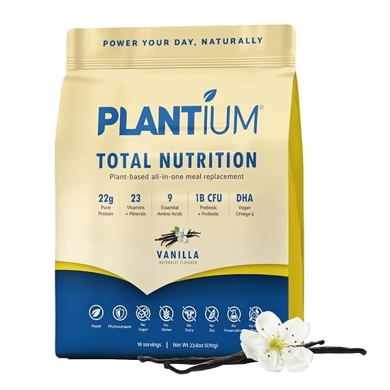 AMAXI Plantium Total Nutrition Meal Replacement Protein Powder, Vanilla | Plant-based all-in-one shake with 22g protein per serving, vitamins, minerals and probiotics.