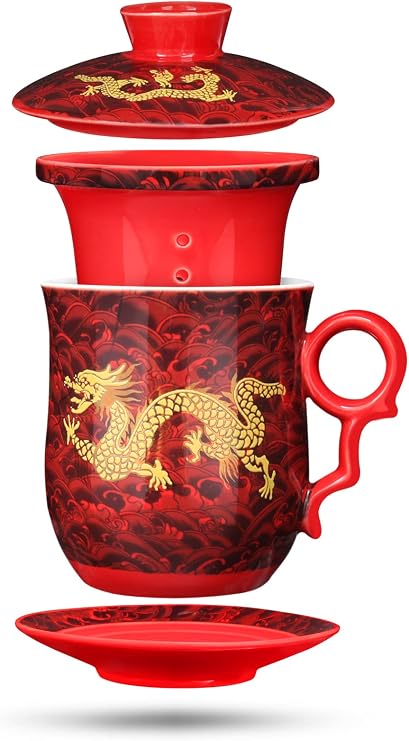 Chinese Tea Cup with Lid, Dragon Pattern, Red, 11.8 fl oz (350ml)
