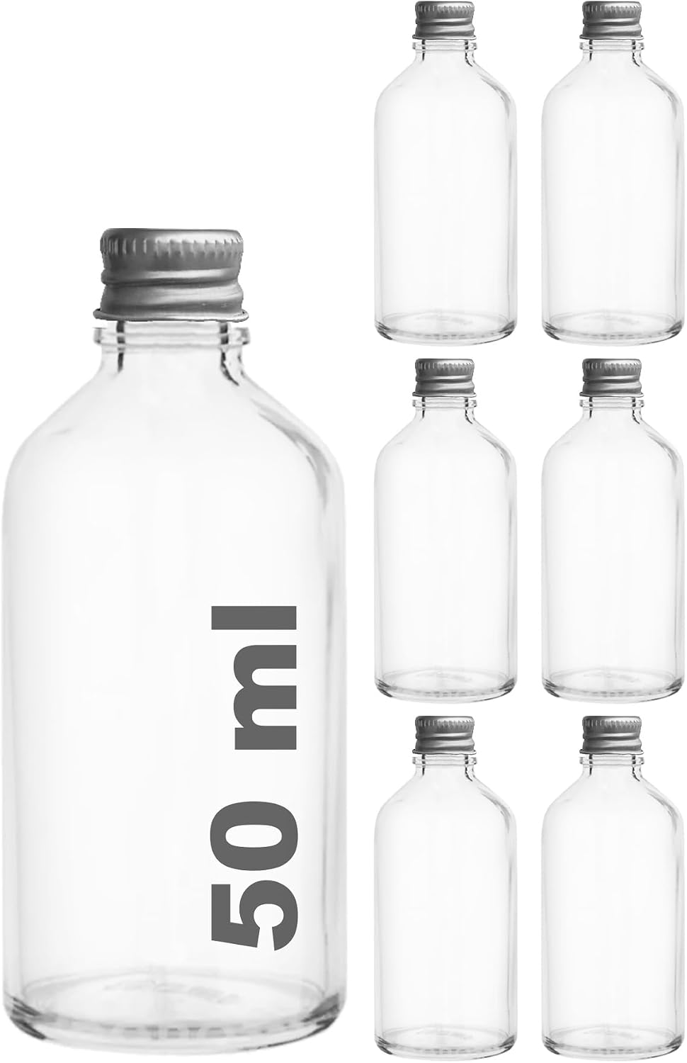 Afracam 50 cc Silver Gift Shot Bottle with Metal Lid 50 ml Cologne Fragrance Ornament Small Clear Glass Bottle 6 Pieces