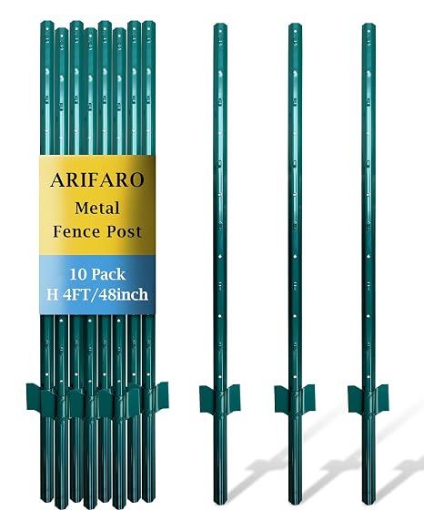 ARIFARO Metal Fence Posts, 121cm / 4ft U Post, Pack of 10 for Wire Fence | Durable Steel with Weather-Resistant Coating, Easy to Install for Reliable Support in Gardens, Farms and Boundary Use