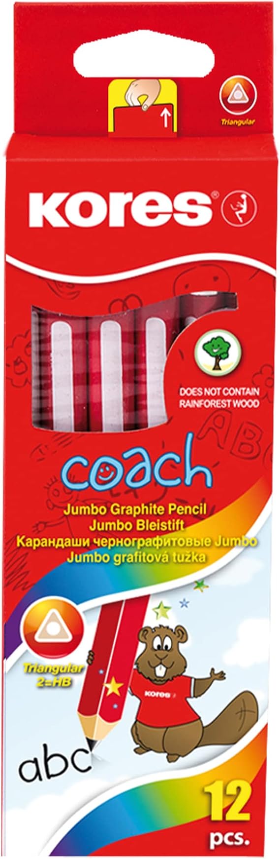 Kores Jumbo Graphite Pencils for Kids - Coach, Soft HB Lead With Eraser Tip, Ergonomic Shape - School Supplies, Set of 12 | Soft Lead with Eraser Tip, Ergonomic Triangular Shape for Easy Grip, Back to School, Classroom