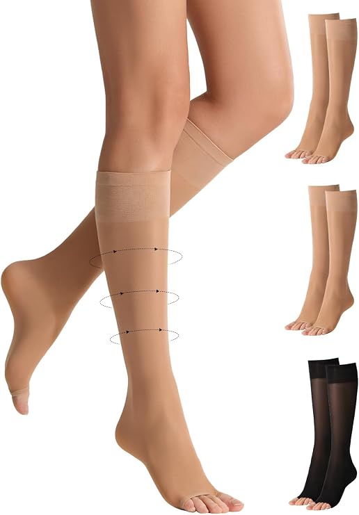 Yilamy 3 Pairs Toeless Compression Socks Sheer Knee High Open Toe Trouser Socks 8-10 mmHg Stockings for Women