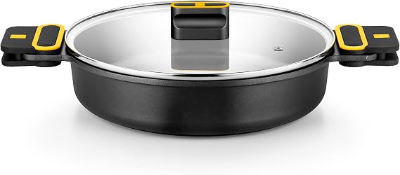 BRA Daily Pro | Low Casserole Pan 32 cm Cast Aluminium, Induction | Black and yellow, cast aluminium, non-stick three-layer, suitable for all types of cookers, including induction