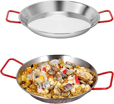Stainless Steel Spanish Paella Pan - Non-Stick Seafood Frying Pot, Even Heating, Versatile Cooking Tool for Home Kitchen Restaurant Camping Red Handle,22cm