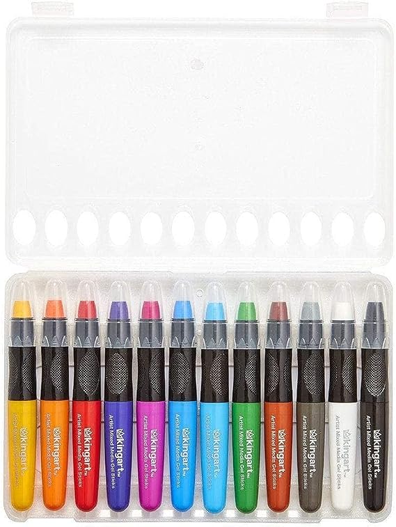 KINGART Mixed Media Gel Stick Crayons, Multicolor, Set of 12-Colors | Beginner Friendly: Brush on water for watercolor effects; odorless and non-toxic