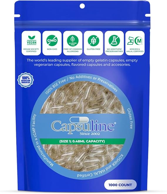 Capsuline Clear Size 1 Empty Vegetarian Capsules 1000 Count - Vegetarian Capsules