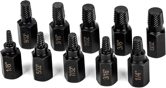 Screw Extractor Set, Hex Head Easy Out Set 10 Pieces (1/8-13/32) | Multi-Spline Ez Out Stripped Extractor, CR-MO, Stripped Fastener Tool