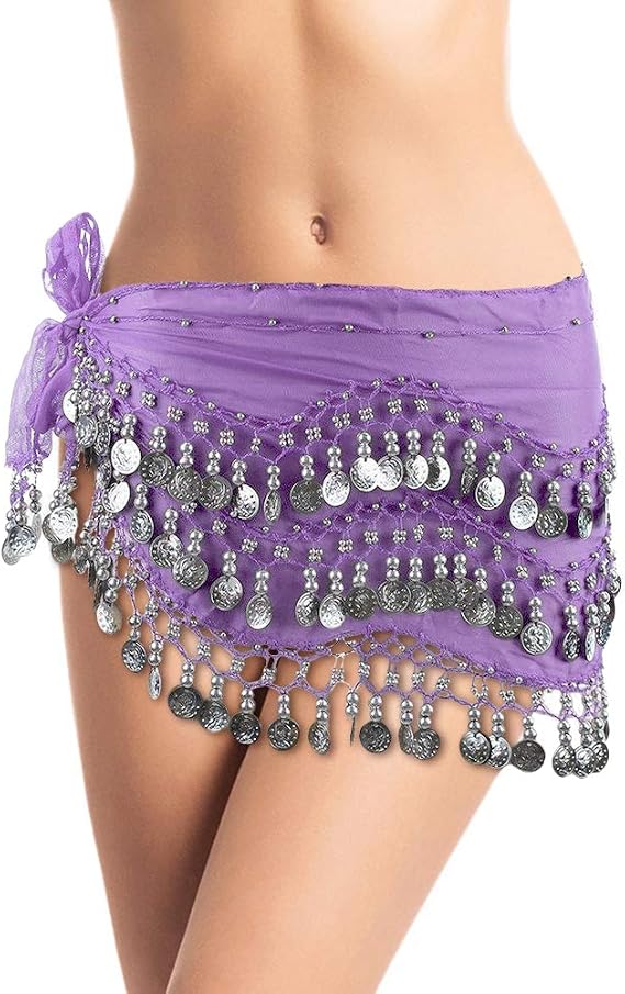 Belly Dance Hip Scarf with Silver Coins Chiffon Belly Dancing Skirt Sash for Costumes & Festivals