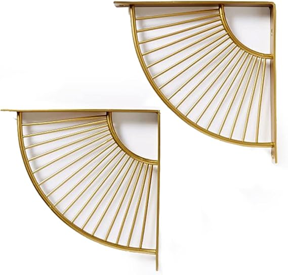 Luzen 2Pcs Fan Shaped Metal Shelf Brackets - Wall Mounting Modern Decorative Shelving Brackets with Screws Hardware for Home Office, Gold