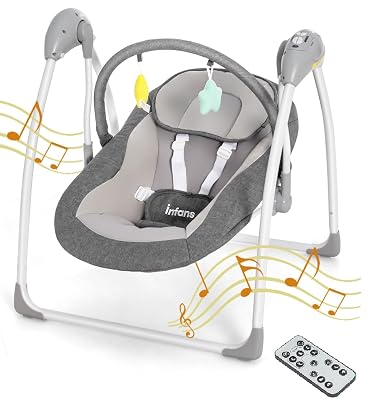 INFANS Baby Swing for Infants, Compact Portable Baby Electric Rocker for Newborn with 5 Speed Natural Sway Music Timing 2 Toys Remote Control, Easy Fold, 0-6 Months Boy Girl Gray