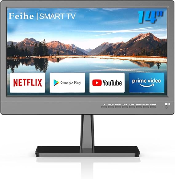 Feihe 14 inch Small Smart TV, HD Flat Screen Android TV Download APPs for Kitchen, Bedroom, RV