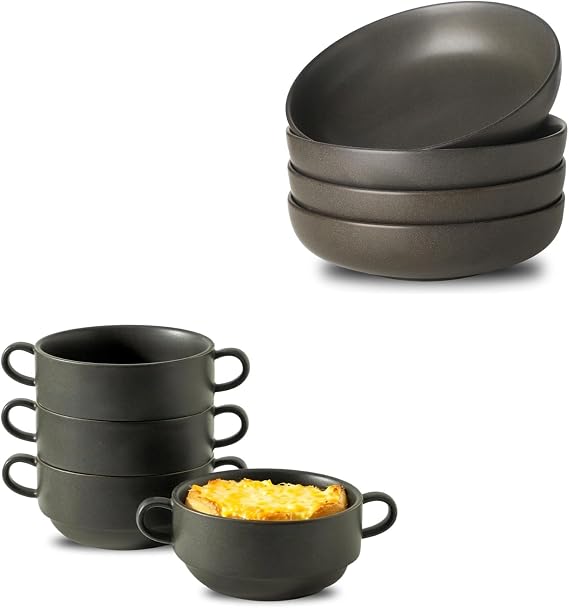 Ceramic Soup and Pasta Bowls with Handles, Matte Black