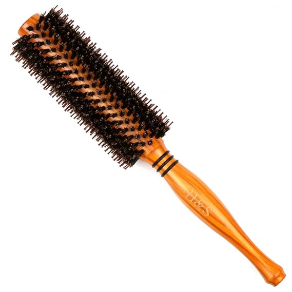 H&S Wooden Round Hair Brush - Boar Bristle - Anti Static - Anti Frizz - For Blow Drying