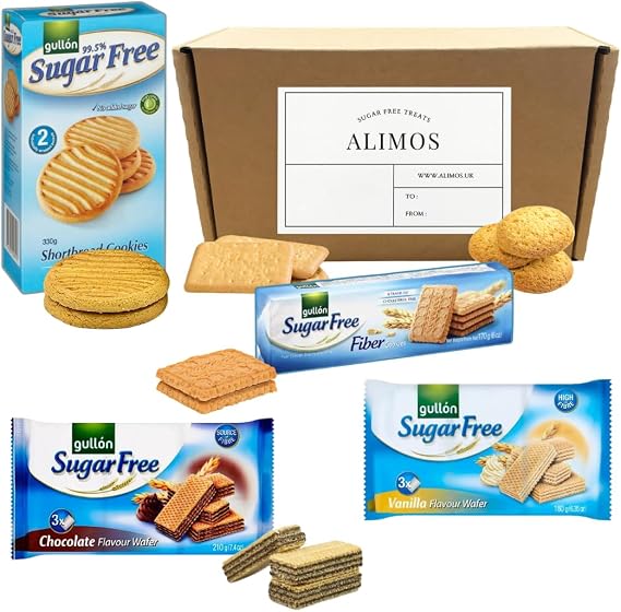 Alimos Box With Sugar Free Biscuits & Sweets Gift Pack – 4 Pack – Diabetic Friendly Shortbread, Chocolate & Vanilla Wafers