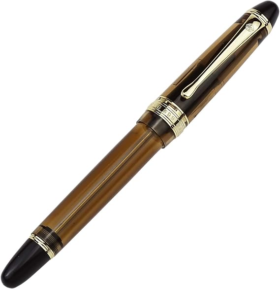 Lanxivi Yongsheng 699 Vaccum Filling Fountain Pen Medium Nib, Brown Translucent Acrylic Solid Section Pen Box Set