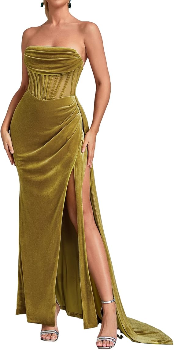 BELLA BARNETT Sexy Strapless Velvet Maxi Dress - Fashion Slit, Ruched, See Through Womens Trendy Dress