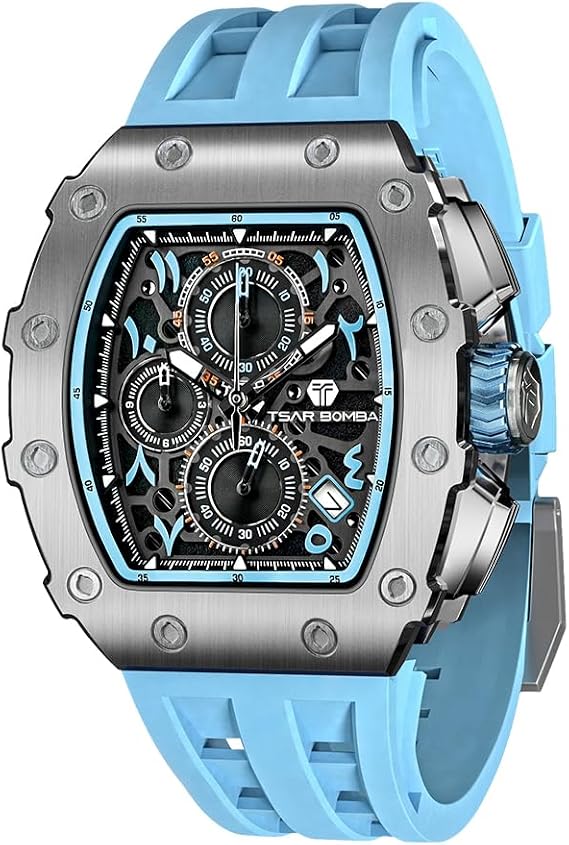 Tsar Bomba Watches Men Luxury Square Mens Watch Chronograph 50M Waterproof Sapphire Glass Japan Quartz Movement TMI VK67 Silicone Strap Classic Tonneau Design Luminous Calendar Wrist Watches