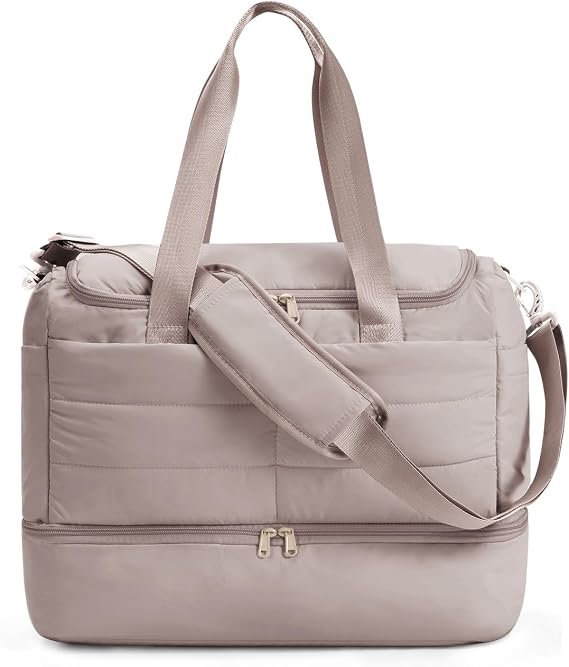 WANDF For Spirit Airlines Personal Item Bag 18x14x8, Lightweight Puffer Travel Duffle Bag for Women with Shoe Compartment & TSA Toiletry Bag Gym Hospital Carry-On Weekender Overnight (Khaki)