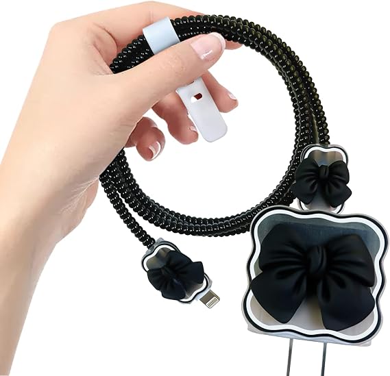 CameCosy Kawaii Phone Cable Protector for iPhone 18W/20W USB-C Charger with 3D Bow Tie Wave Design,Clear Soft Charger Protective Case Data Line Cover Cute Cable Saver for iPhone Charger-Black