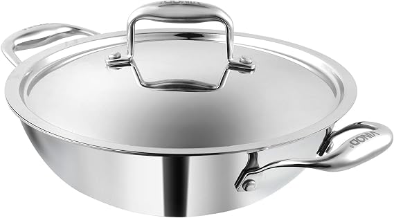 Vinod Platinum Kadai Triply Stainless Steel | Suitable for Indian Cooking, Sauces, Stews, Soups | Deep/Extra Deep Kadai with Lid | Induction, Electric Friendly (Deep Kadai, 30cm)
