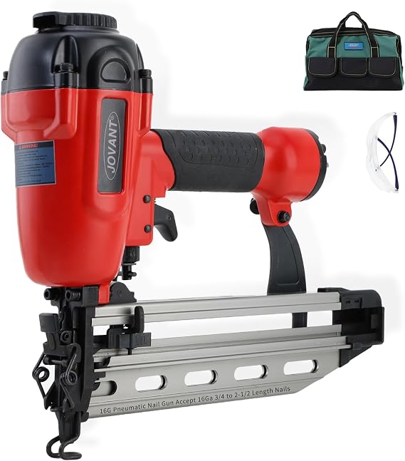 Pnumatic Finish Nailer,16Gauge nail Gun Acepts 3/4 Inch up to 2-1/2 Inch finish Nails.Brad Nailer Gun Can Hit Hardwood Ideal for Upholstery, Woodworking Door (Include portable bag)