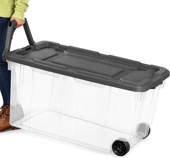 Extra Large Clear Wheeled Storage Bin, 40 Gallon, Plastic Container with Latch Lid and Pull Handle for Closet, Garage, Office