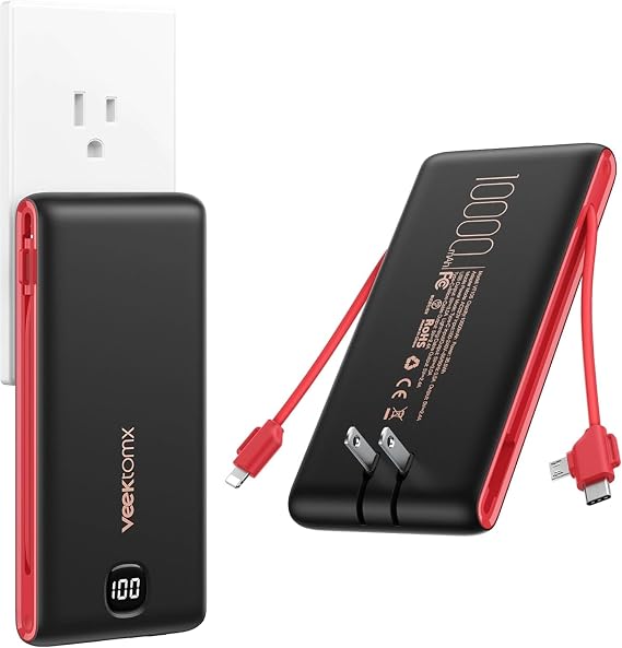 VEEKTOMX Portable Charger with Built in Cables 10000mAh, Power Bank for iPhone with AC Wall Plug, Fast Charging USB C Slim Battery Pack with LED Display Compatible with iPhone 17/16/15, Samsung
