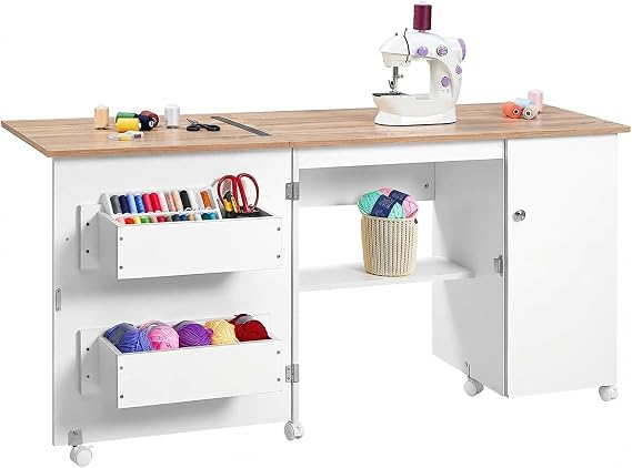 Large Folding Sewing Table, 63" x 19" x 29.5" Multipurpose Side Desk | Portable Craft Station with Compact Design, Caster Wheels, Storage Shelves, 2 Storage Trays, Magnetic Doors, White + Natural