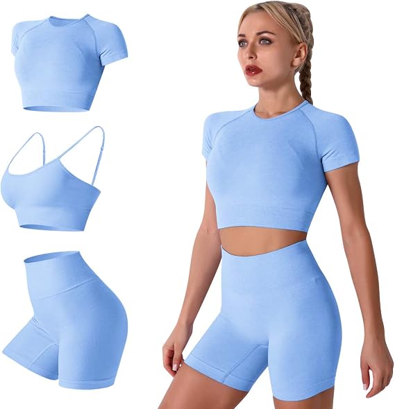 Workout Outfits for Women 3 Piece Set Seamless Yoga Tracksuit Short Sleeve Crop Top Sports High Waist Leggings