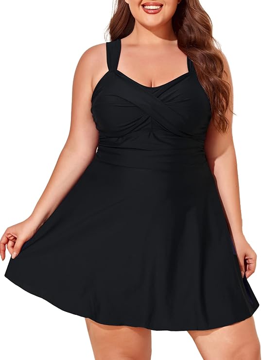 Women Plus Size Two Piece Swimsuits Flowy Tankini Swim Dress Bathing Suit with Shorts