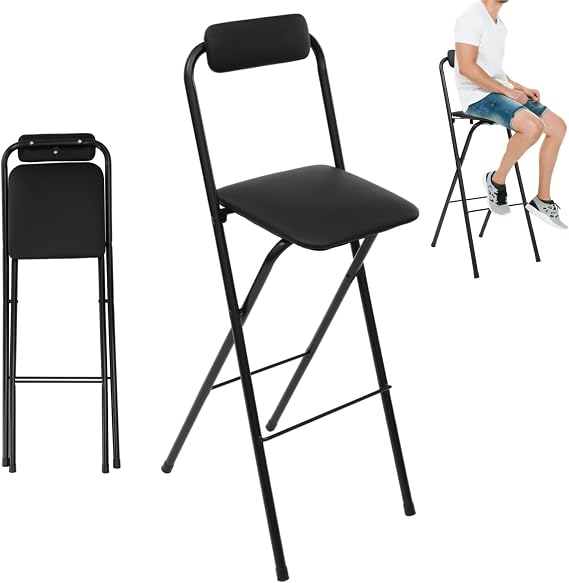 Folding Chair with Backrest, Tall Collapsible Stool, Steel Folding Bar Stool, Counter Height Seat with Leather Padded for Kitchen Island Shop Cafe Dining Room (1, Black, 29.5 Inch)