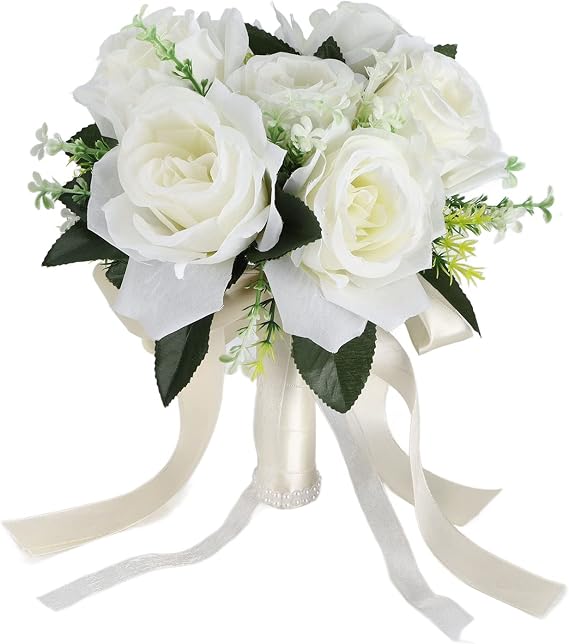 Wedding Bouquets, Artificial White Rose Bridal Throw Bouquet