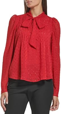 Tommy Hilfiger Womens Clip Dot Pleated Tie Neck Top