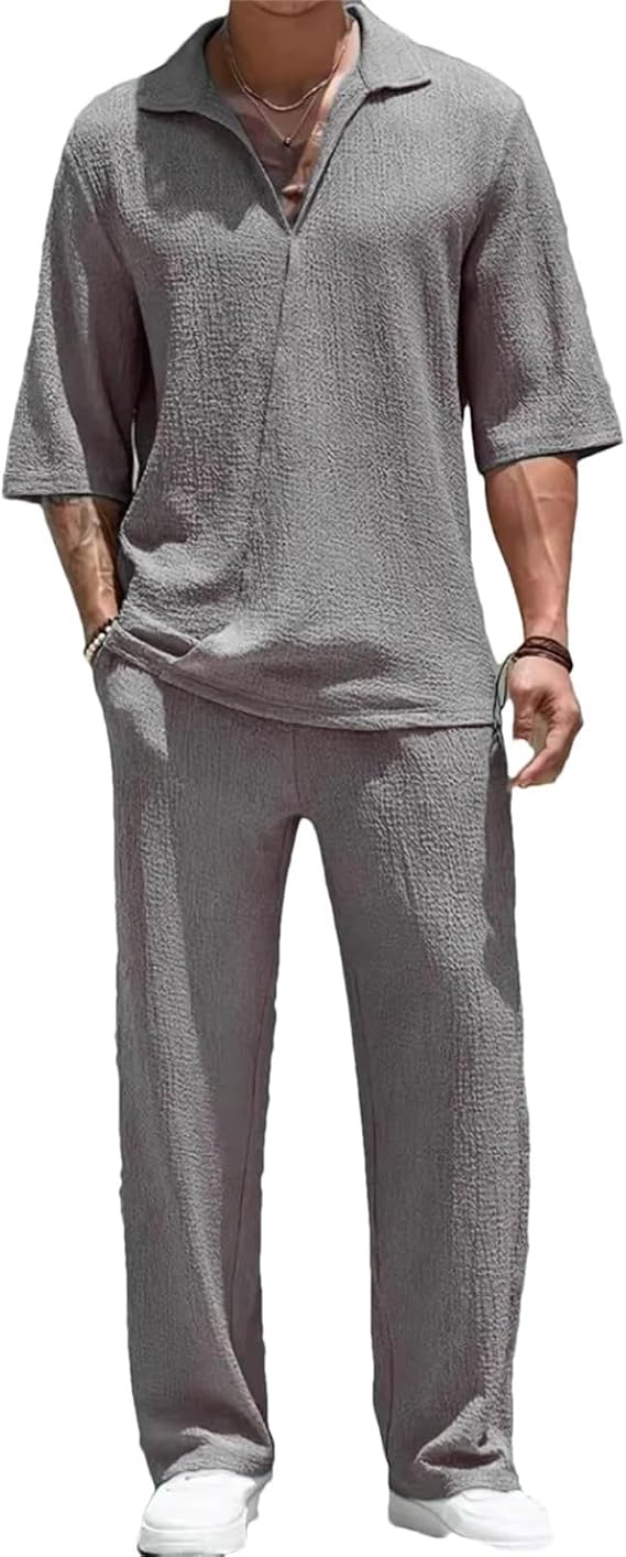 Men's Solid 2pcs Jacquard Collared Short Sleeve Blouse, Drawstring Pocket Pants Casual Loose Set