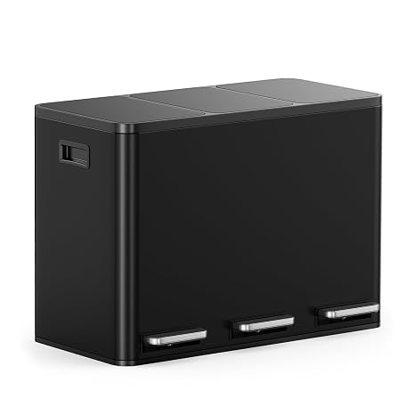 VonHaus Kitchen Bin, 45L Matte Black Triple Recycling Bin for Kitchen, Three Section Food Waste Separation System with Non-Slip Base & Removable Inner-Compartments, Airtight Trash Can, 3 x 15L