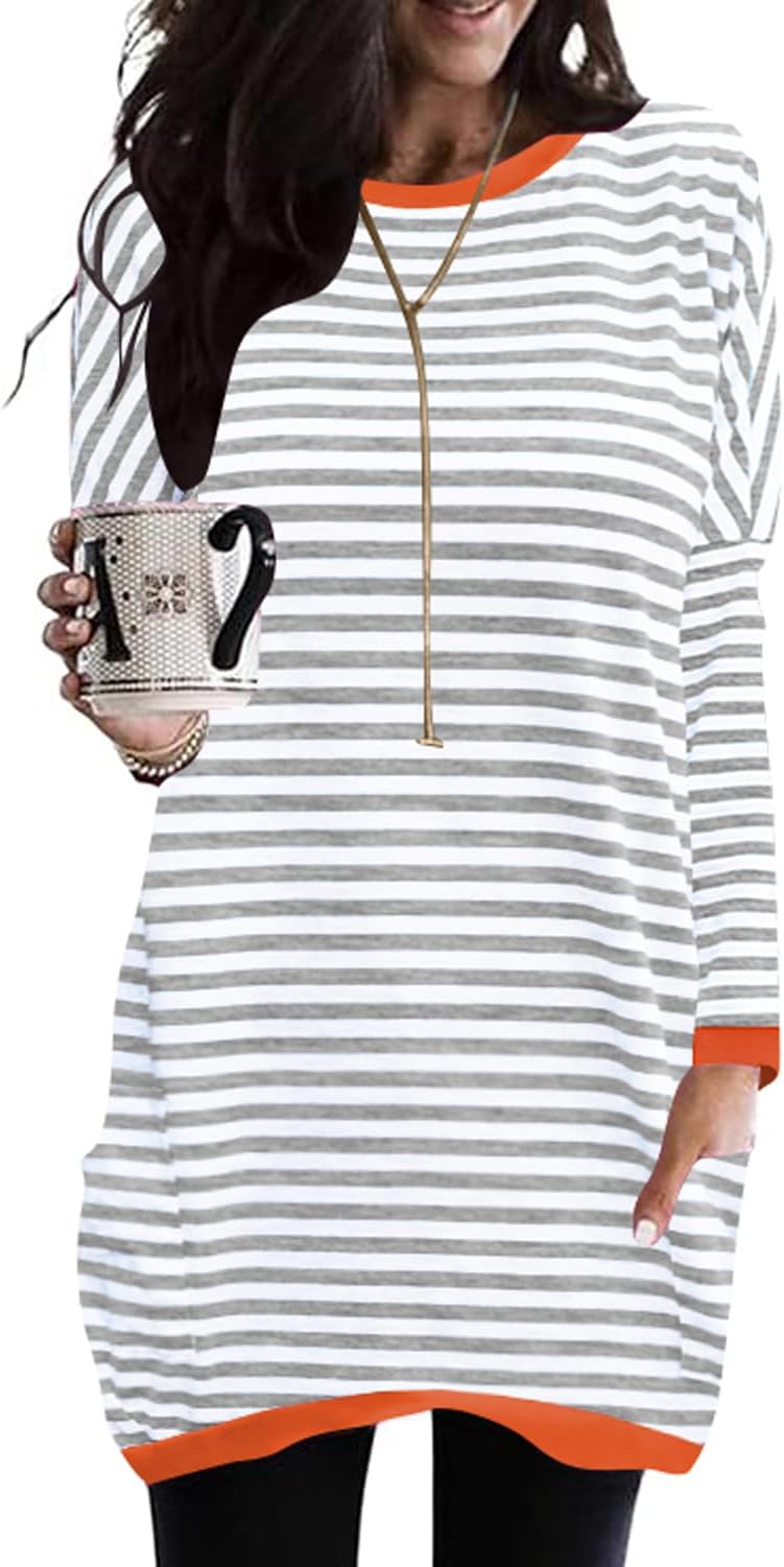 Aoang Womens Striped Long Sleeve Tunic Tops for Leggings Fall Loose Casual Long T Shirts with Pockets