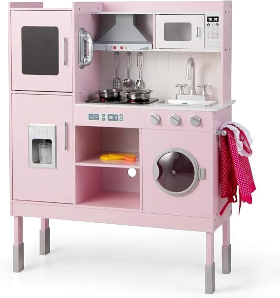 COSTWAY Children's Wooden Play Kitchen with Light and Sound Wooden Kitchen with Blackboard Microwave Sink Oven & Storage Space Includes Accessories Toy Kitchen for Children from 3 Years (Pink)