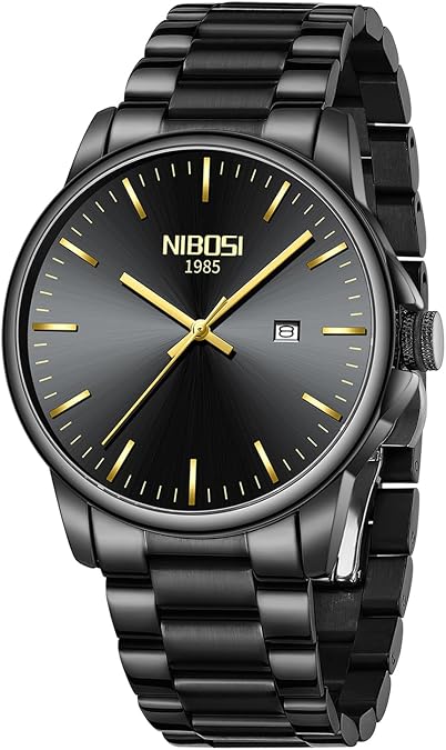 NIBOSI Men Watches Analog Quartz Stainless Steel Black Watches for Men Waterproof Business Classic Watch with Day and Date Display Wrist Watch for Work and Casual Wear